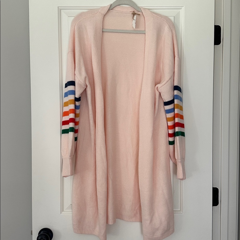 NWT Long Pink Cardigan with Striped Sleeves